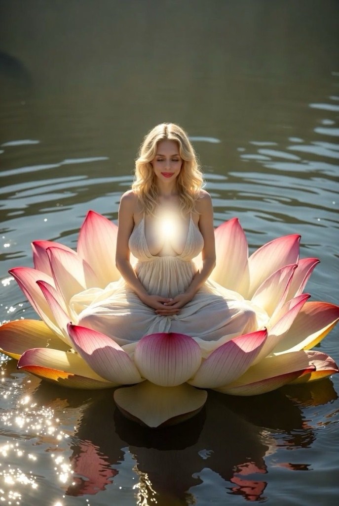 Serene portrait by Nashish for Alura Cein’s Spiritually Awkward blog: Ethereal blonde woman in flowing white gown meditates on a radiant pink lotus amid rippling waters, glowing aura symbolizing spiritual awakening, forgiveness, and empath boundaries